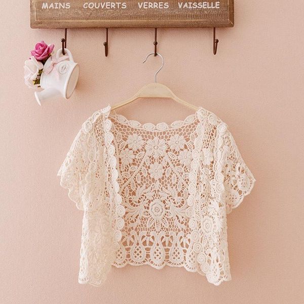 

women's knits & tees fashion thin cardigan for women short sleeve crochet shrug hollow out many colors tassel sweater cape shurg b575, White