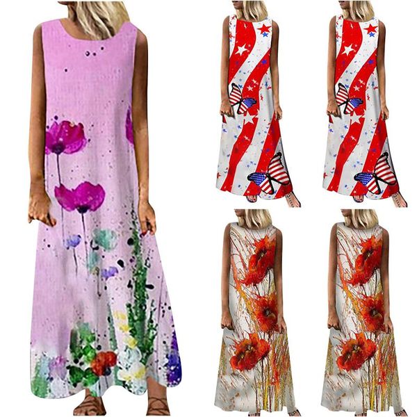 

casual dresses sundress women summer dress 2021 printing midi plus size linen loose sleeveless printed long maxi, Black;gray
