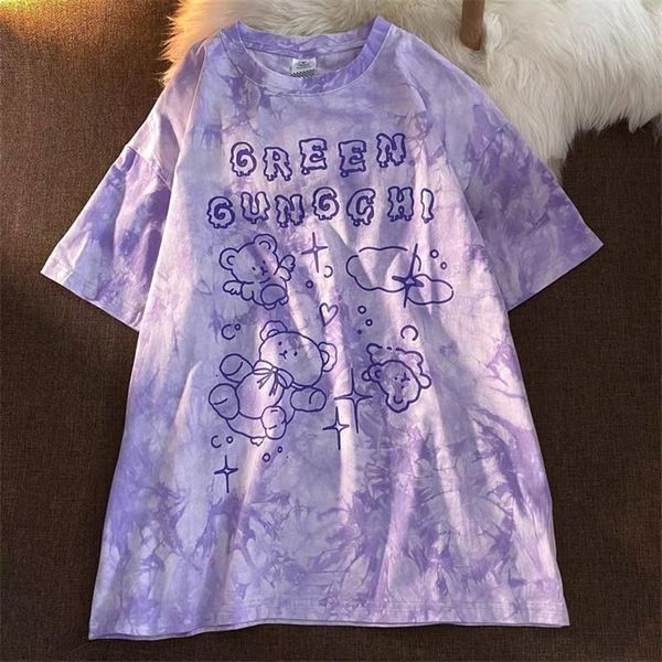 

women's t-shirt chic short sleeve round neck letter cartoon bear tie dye stylish loose casual oversize t shirt 2021 summer, White