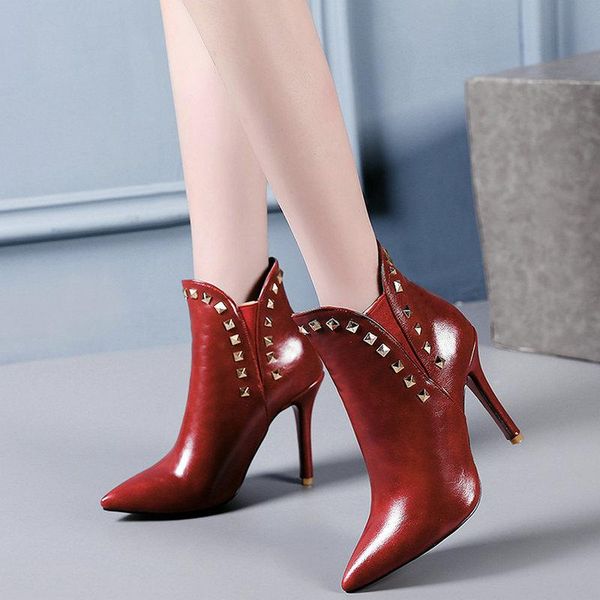 

boots women ankle pu leather elastic band high heels autumn shoes black winter pointed rivet decoration short