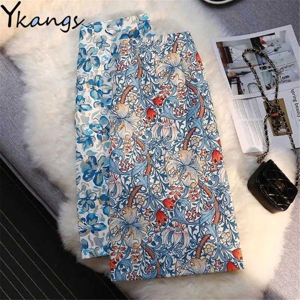 

plus size 2xl printed floral skirt women summer high waist slim straight boho beach casual midi chiffon skirts female 210619, Black