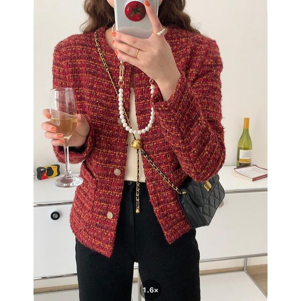 

women's suits & blazers 2021 autumn and winter tweed small fragrance coat temperament middle ancient red korean children's 308, White;black