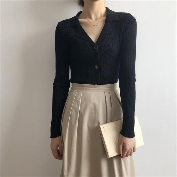 

early fall v neck women sweater thin knit cardigan casual bottoming knitwear slim leisure base streetwear clothes, White;black