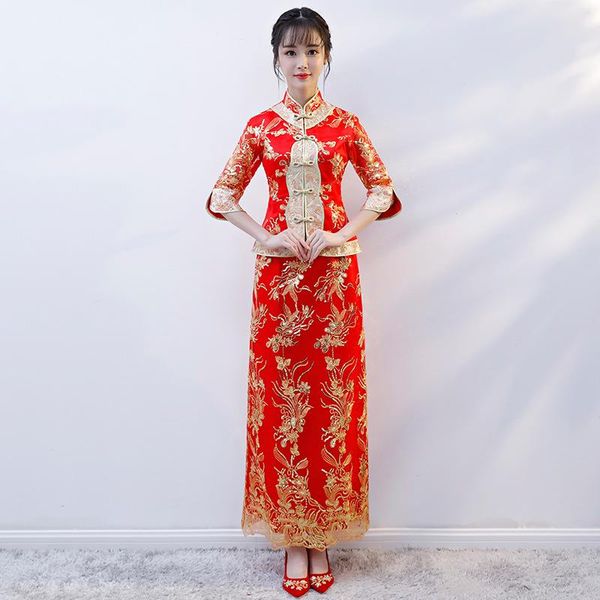 

bride wedding party dragon and phoenix gown chinese dress half sleeve embroidery appliques straight dresses xs-3xl cheongsam, Red