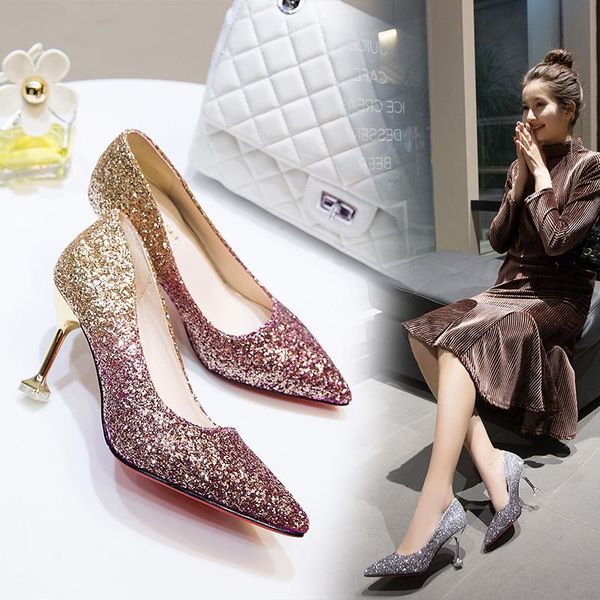 

dress shoes 2021 rhinestone high heels cinderella women pumps pointed toe woman crystal party wedding 8cm, Black