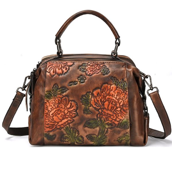 

women flower genuine leather cowhide travel messenger shoulder bags