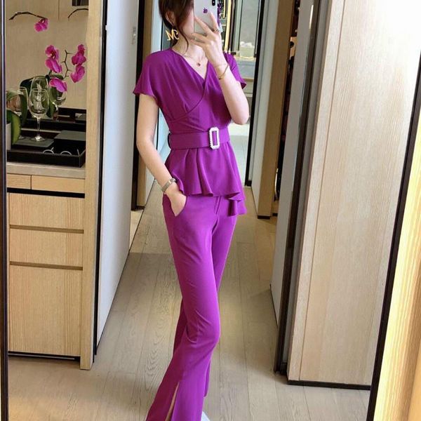 

women's tracksuits elegant office lady 2 piece outfits summer set for women 2021 fashion solid v neck and pants suit matching twinset, Gray