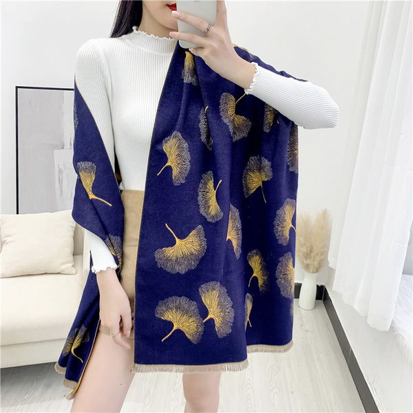 

tippet muffler scarf 2021 ethnic style cashmere imitation gingko leaf scarf women's thickened warm long in autumn and winter fashion la, Blue;gray