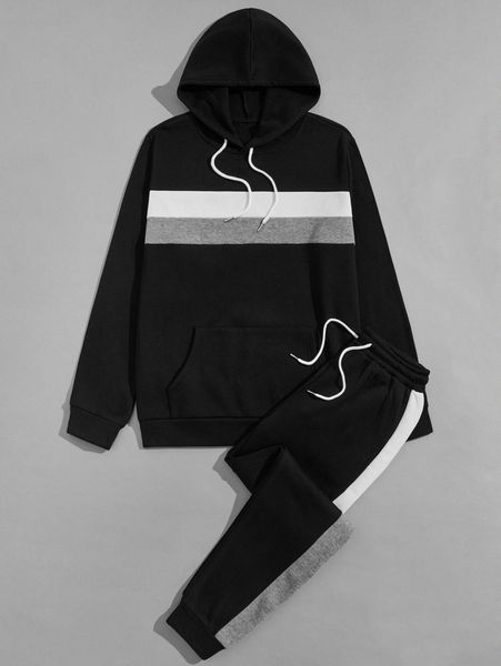 

men colorblock drawstring hoodie & sweatpants f1rn#, Gray