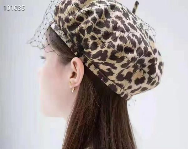 

family beret french with gauze leopard print british painter hat wool tweed decorative lace hat, Blue;gray