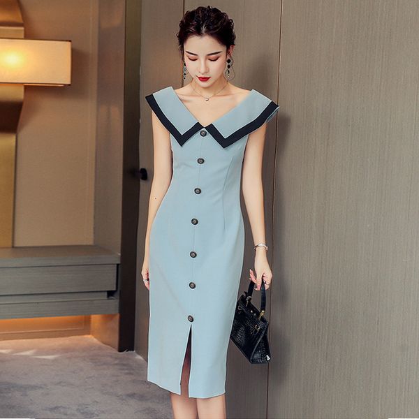 

new arrival fashion women elegant summer v-neck sleeveless temperament office lady simple fresh blue split pencil dress qzsj, White;black