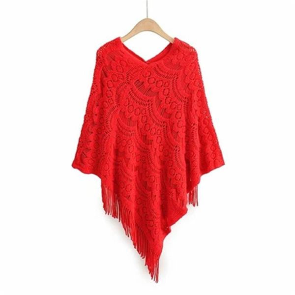 

women's knits & tees spring autumn shawl loose oversize female cape hollow out tassel trendy lady pullover casual clothes batwing sleev, White