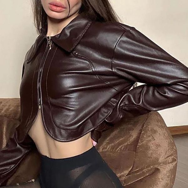 

women's jackets brown zipper leather jacket pu faux coat women long sleeve cropped biker style outwear casual fall clothes for, Black;brown