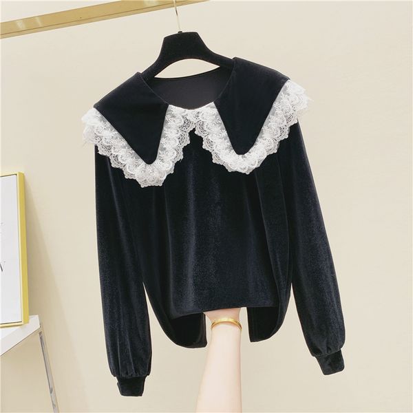 

women's sweater lace panel turtleneck doll velvet long sleeve female shirt 2021 autumn clothes sweaters qvzd, Black