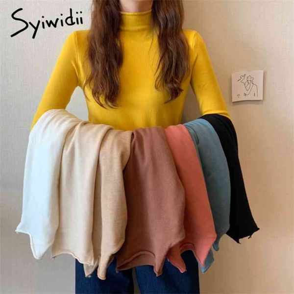 

knitted t shirts for women stretch tee turtleneck solid vintage fashion clothing long sleeve yellow black 210607, White
