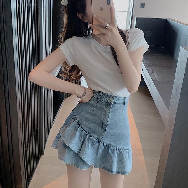 

skirts uulutonica spring summer denim women lady girl solid folds wave cut ruffles button empire a-line mini skirt, Black
