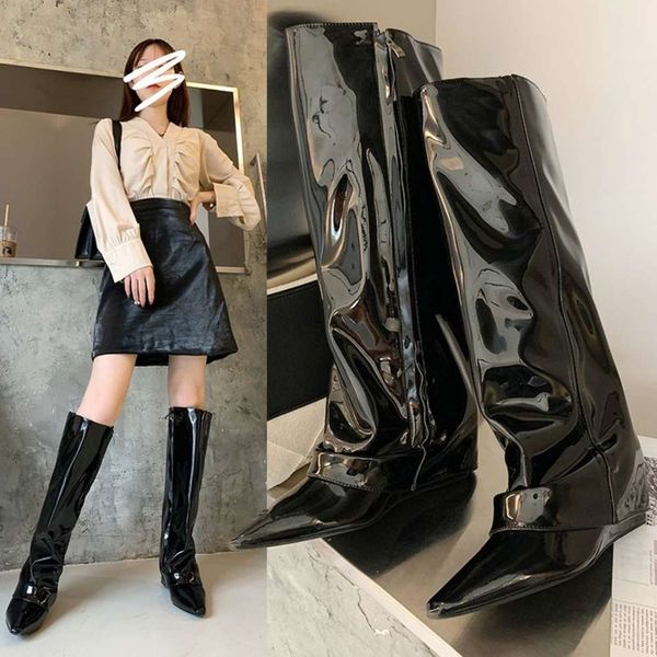 

knee length boots women's pointed high heels fashion autumn and winter slope heel patent leather tube trouser leg knight, Black