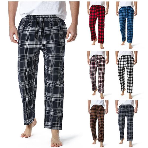

men's pants home straight flannel spring autumn sleep bottoms male plaid print trousers sleepwear pajama for men, Black