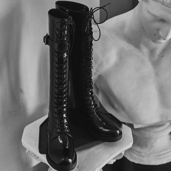 

boots black belt buckle slim long 2021 flat-heeled knight leather