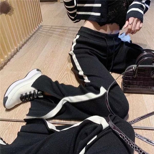 

2021 spring new women's side slit wool white edge mopping elastic waist casual wide leg pants fashion, White;black