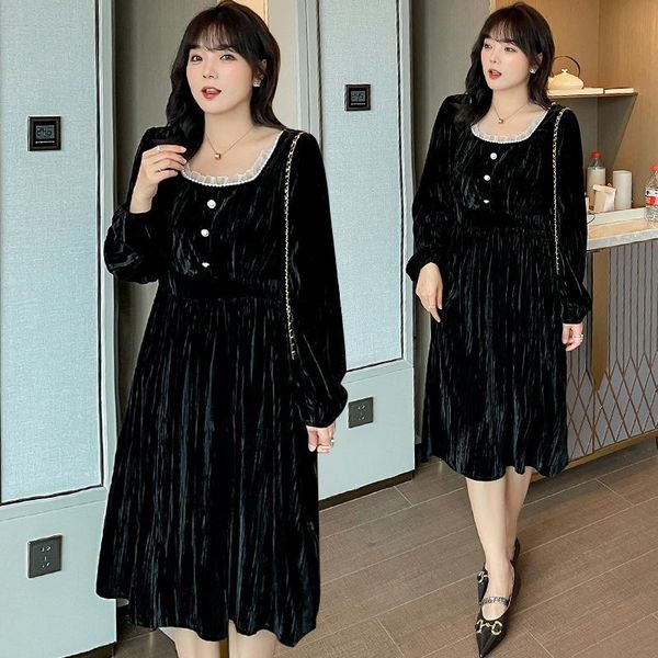 

casual dresses women's spring round neck pure color velvet pearl dress plus size knee length wear 100kg can, Black;gray