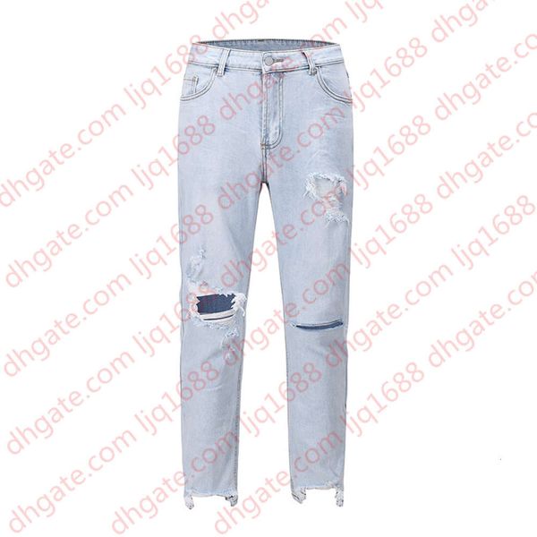 

hole frayed distressed irregular feet jean for men and women straight washed light blue denim trousers hip hop casual jeans pant