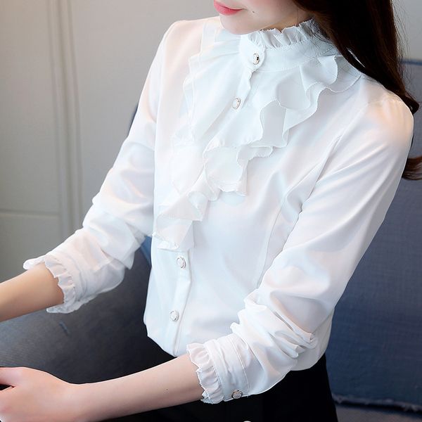 

design white blouse women fashion full sleeve shirt casual elegant collar ruffled office lady female wear