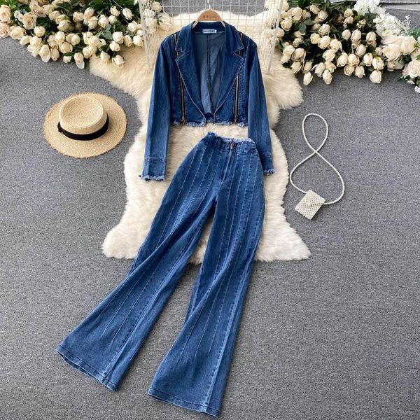 

women's two piece pants singreiny women autumn winter retro denim set zipper long sleeve short outerwear+high waist wide leg suits, White