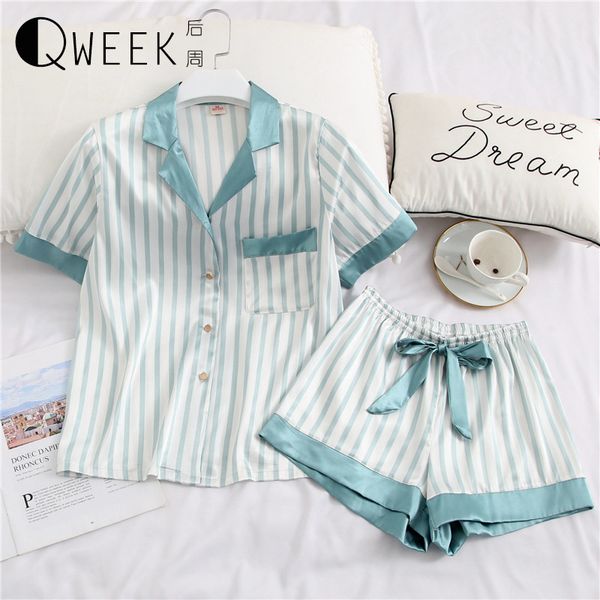 

cute womens pajamas sleepwear two piece set silk pijama satin short sleeve shirt night suits student pyjama summer homewear 210305, Black;red