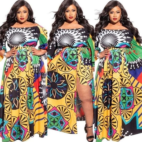 

2021 new women plus size l-4xl elegant ditsy floral with belt split hem flare long sleeve maxi es wholesale dropshipping cnkr, Black;gray