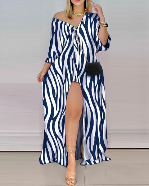 

casual dresses autumn loose long-sleeved blue striped shirt dress 2021 fashion temperament v-neck women's long skirt, Black;gray