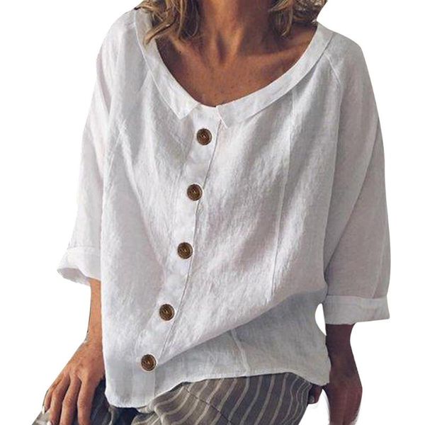 

women's blouses & shirts women loose blouse cotton linen button solid o-neck daily casual shirt womens and camisas mujer, White