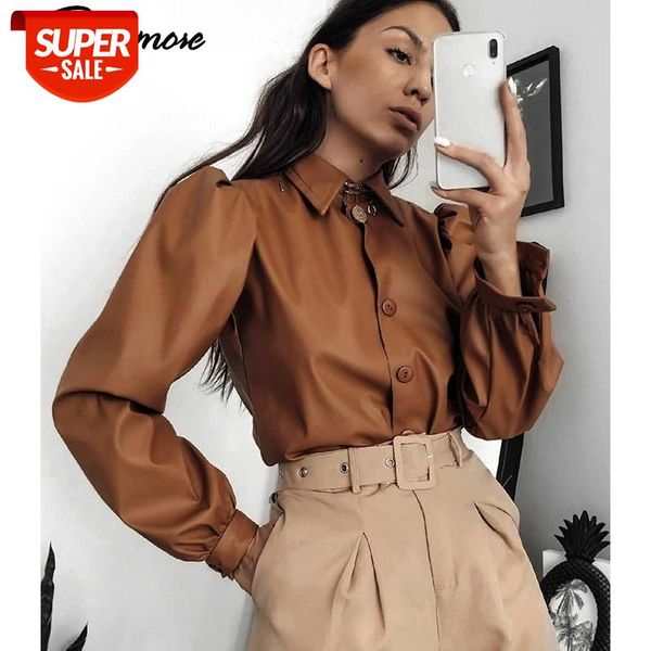 

rockmore long puff sleeve vintage blouse women faux leather turn down collar shirt with button autumn brown casual blouses #ek3l, White