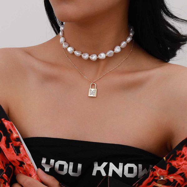 

jewelry street paifeng pearl women's simple diamond inlaid butterfly multilayer lock pendant necklace, Silver