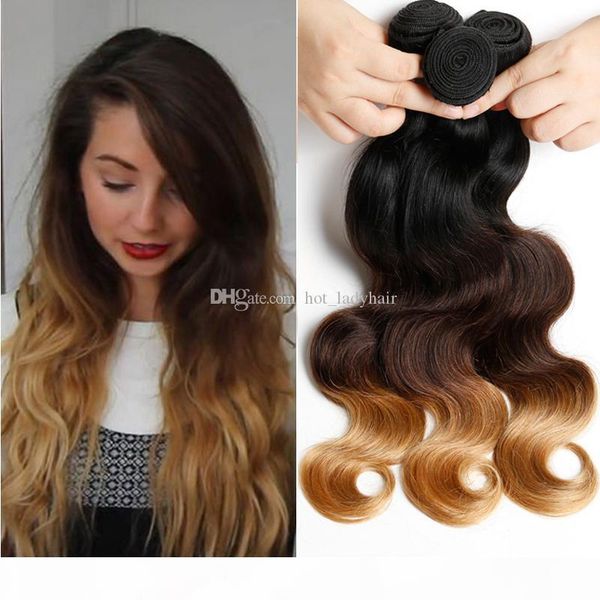 

1b 4 27 ombre brazilian hair bundles 10"-30" 3pcs lot colored three tone hair weave body wave brazilian human hair, Black