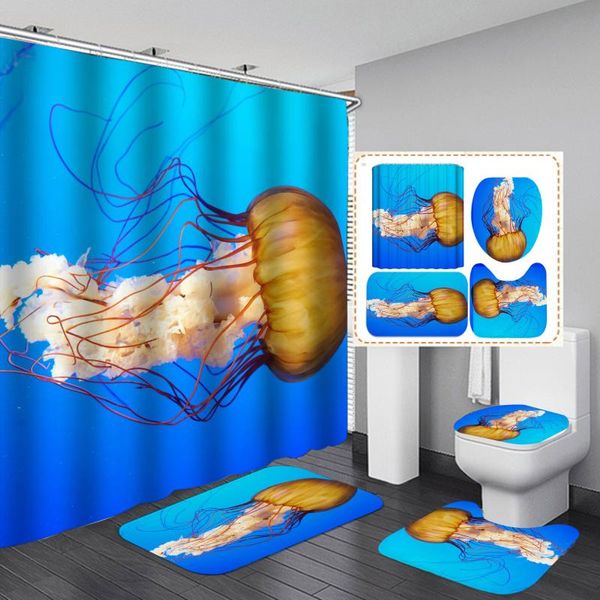 

deep sea jellyfish print shower curtain toilet mat floor mat 4 piece set thick polyester bathroom shower curtains