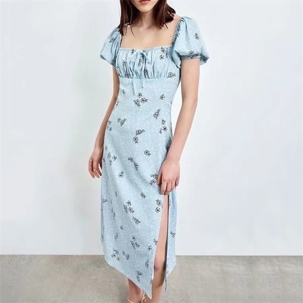 

women print dress summer square neck floral slit waist puff sleeve fashion female 210524, Black;gray