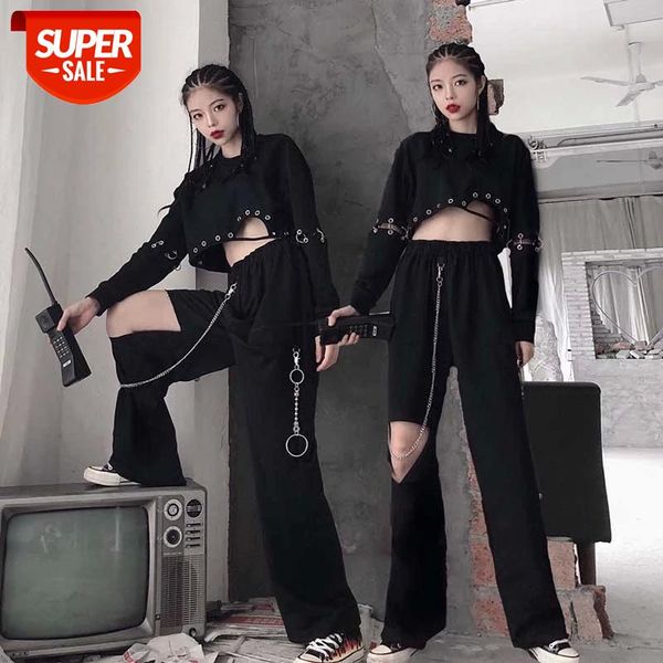 

streetwear korean punk hip hop trouser style elastic high waist chain straight wide leg destroy trousers female pantalon mujer #np9o, Black;white