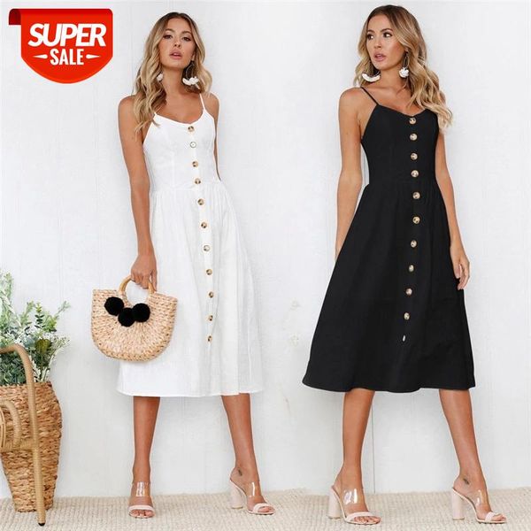 

sleeveless backless single-row buttons spaghetti strap vintage dress summer dresses women white sundress elegant vestidos #640d, White;black