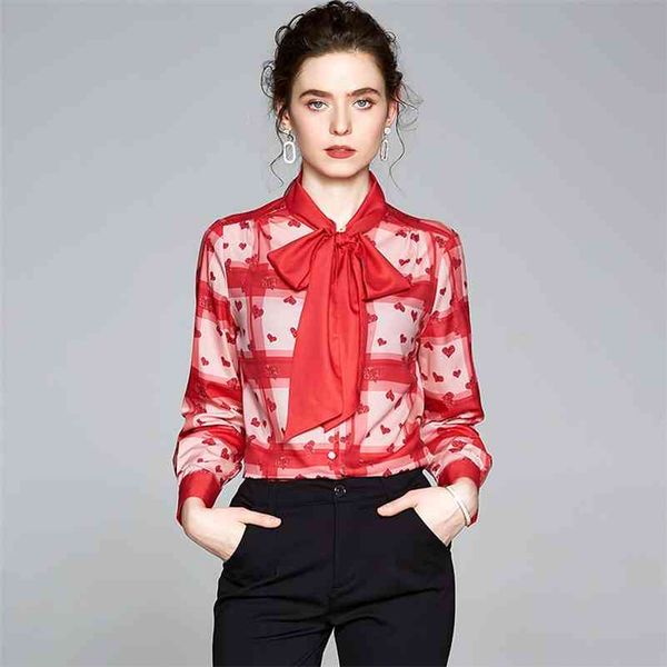 

nrj-7f-701-c-8205 runway blouse autumn women long sleeve bow collar heart mesh shirts 210706, White
