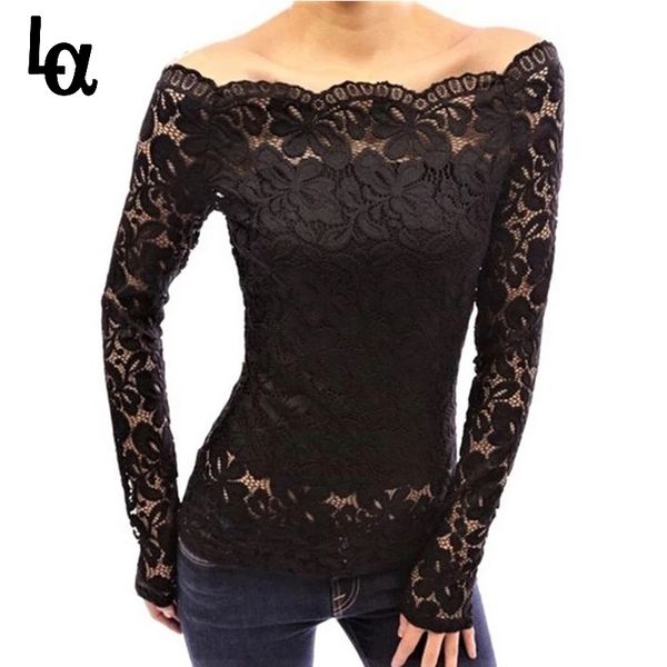 Sorte uma mulher outono Mola Blusas Lace Turtleneck fora do ombro de manga comprida camisa de renda superior plus size roupas de verão camisas 21302