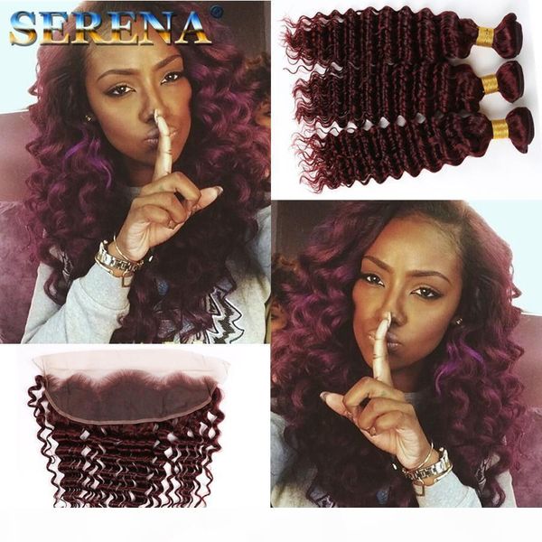 

8a grade peruvian 3 bundles with 13x4 frontal 99j deep curly hair burgundy deep wave human hair weaves wine red hair with closure extensions, Black;brown