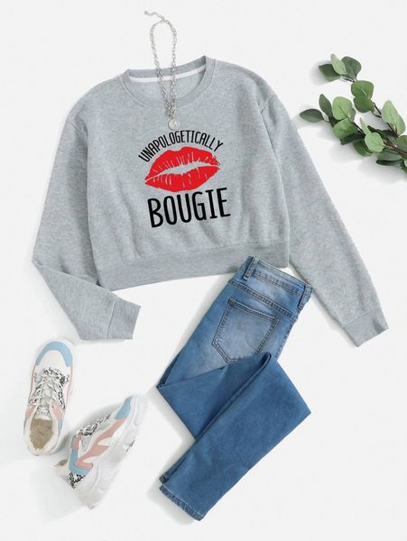 

lip and letter graphic thermal lined crop sweatshirt v5y4#, White;black