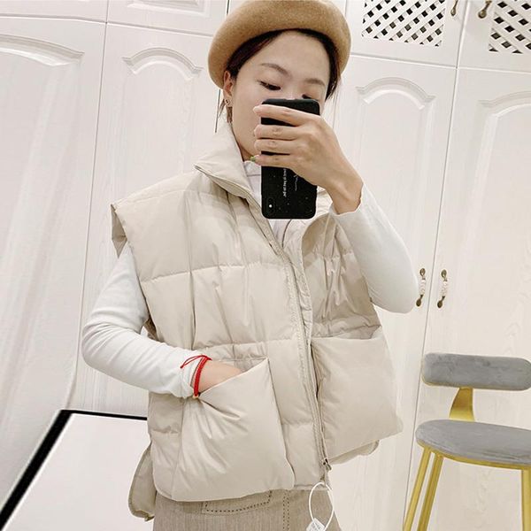 

women's vests 2021 women sleeveless vest winter warm down jacket pocket loose white duck female, Black;white