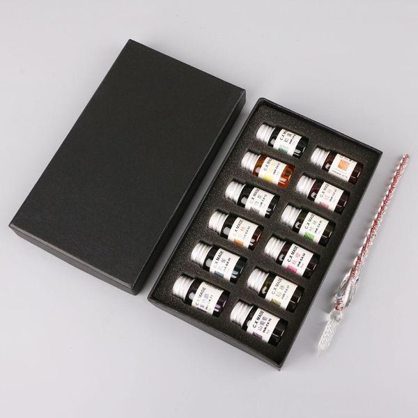 

12pcs gold powder colored bottled glass dip pen ink set fountain writing signature box gift 7ml pens