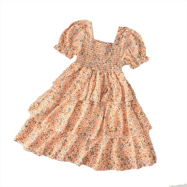 

0 5y summer kids baby girl dress girls princess daisy print puff short sleeve pleated long layered for holiday party, Red;yellow