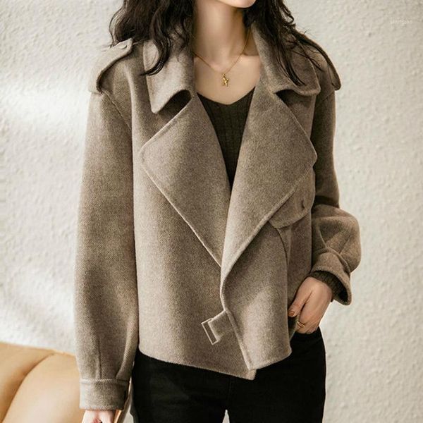 

women's wool & blends women twill woolen pocket jacket short large turn-down collar coat, Black