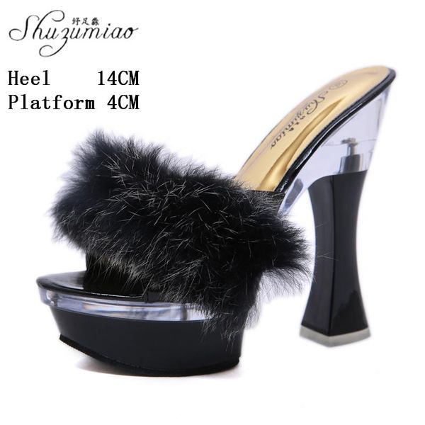 

slippers summer 2021 outside thick heel slipper stripper super high heels furry walking show 14 cm platform nightclub women's shoes, Black