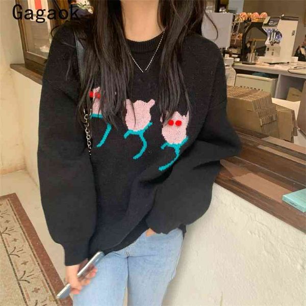 

knitted women sweaters spring autumn o-neck full sweet floral loose casual warm outwear fashion wild pullovers 210531, White;black