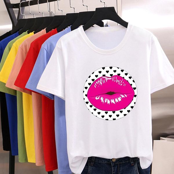 

vogue t shirt beautiful pink lips spotted background graphic new women t-shirt round neck aesthetic t shirt, White
